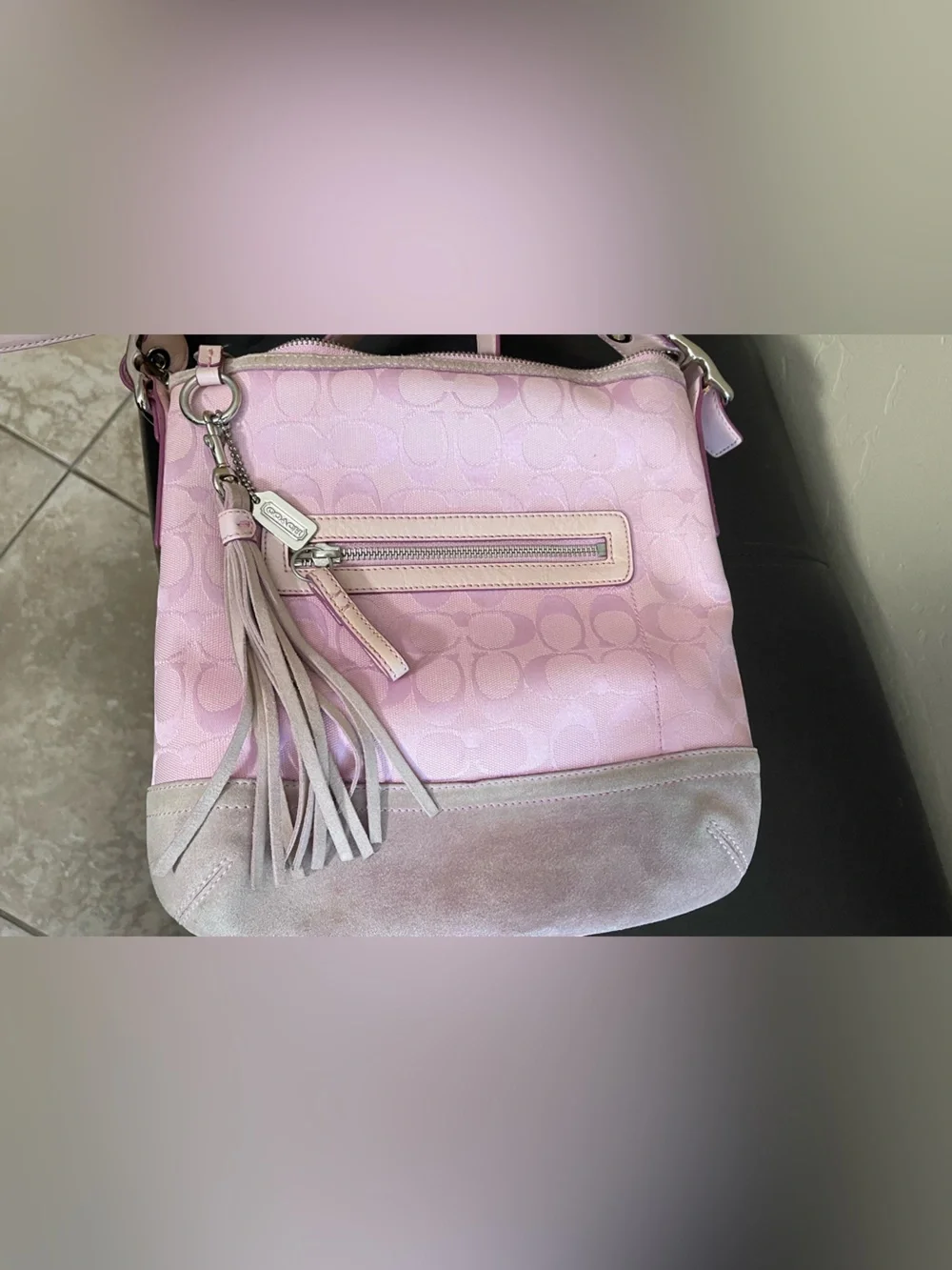 Coach Light Pink Signature Jacquard Shoulder crossbody Bag Tassel suede y2k